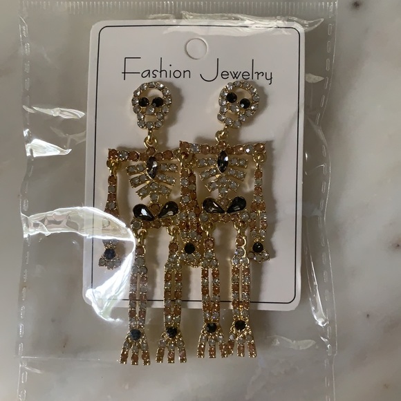 Skull Skeleton Alloy Inlaid Rhinestone 3" Earrings - Picture 3 of 4